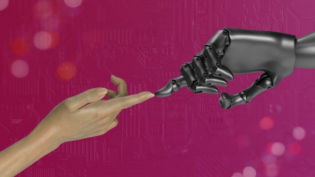 AI - human and robot fingers touching
