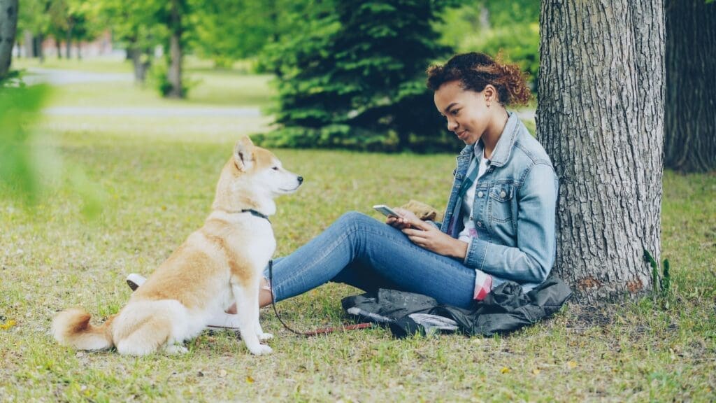Girl in park searching on mobile phone
